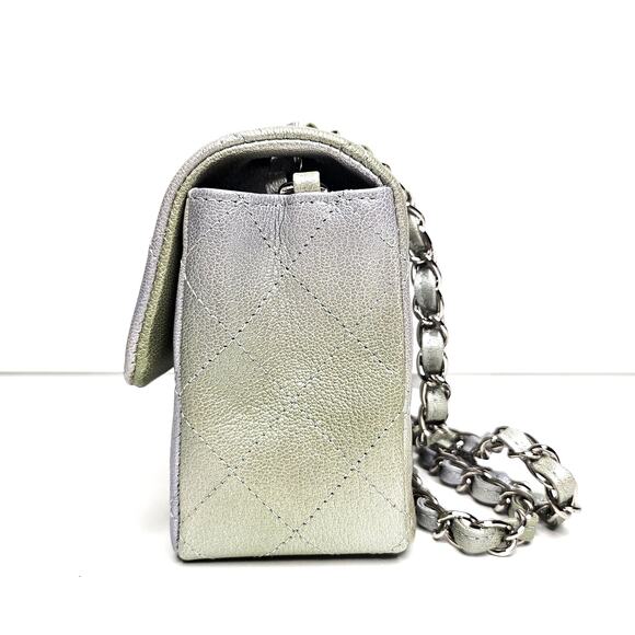 Chanel Rectangular Flap Mini Metallic Goatskin Gray Green Crossbody - Picture 4 of 7